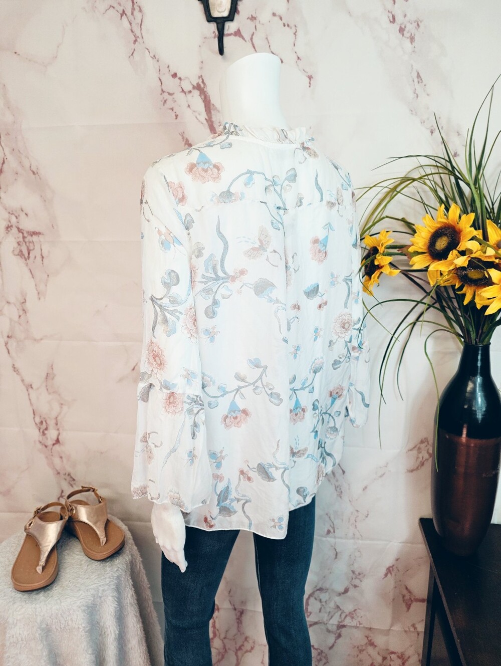Angela Moda Made in Italy 100% Silk Floral Blouse Top L - Picture 6 of 8